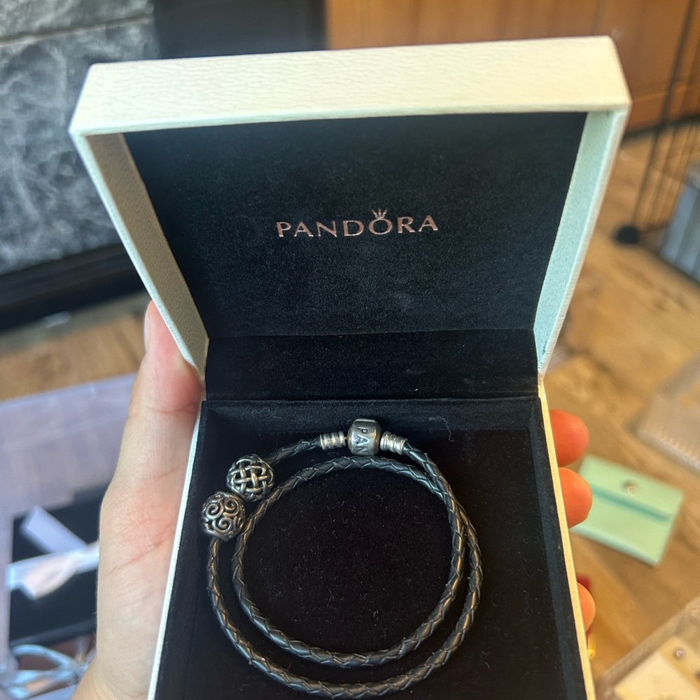 Pandora Black Leather Bracelet with Silver Charm